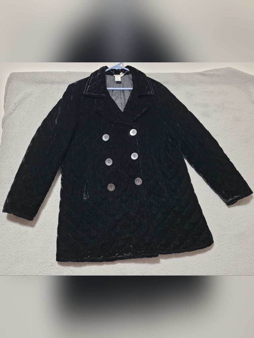 Coldwater Creek Black Velvet Quilted Double Breast Jacket Size 12